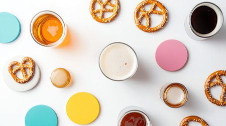 A delightful arrangement of various drinks and pretzels on a white surface, perfect for gatherings, celebrations, or casual moments with friends.の素材