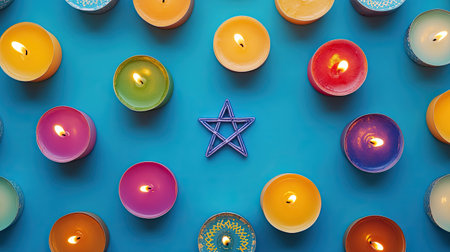 This image features a striking arrangement of colorful candles surrounding a pentagram on a blue background, creating a peaceful and vibrant atmosphere.の素材