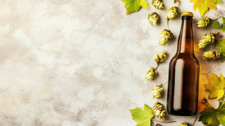 A brown glass bottle rests among fresh hops and vibrant green leaves, showcasing natural beauty and craft beer ingredients for a rustic and artistic composition.の素材