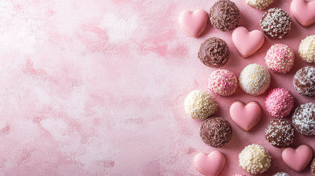 An inviting layout of assorted chocolates and heart-shaped candies on a soft pink background, perfect for celebrations, gifts, or indulgent treats.の素材