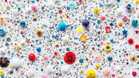 A vibrant array of colorful plastic decorations spread across a white surface, showcasing various shapes and textures ideal for craft projects or design inspiration.の素材