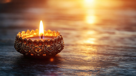 A beautifully designed candle sits gracefully on a rustic surface, casting a warm glow against a soft sunset. Ideal for creating a peaceful ambiance.の素材