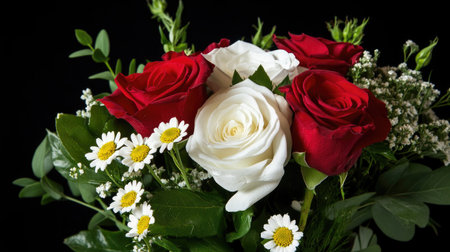 Beautiful arrangement of red and white roses, combined with delicate white flowers, presenting a fresh and vibrant display against a black background.の素材