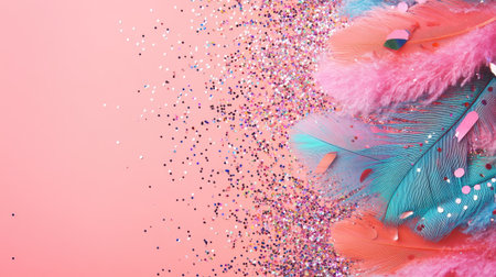 A vibrant arrangement of colorful feathers and sparkling glitter on a soft pink background, perfect for party decorations and creative projects.の素材