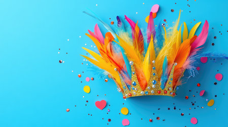 A vibrant feather crown adorned with colorful feathers and sparkling accents, set against a bright blue background, perfect for festive celebrations.の素材