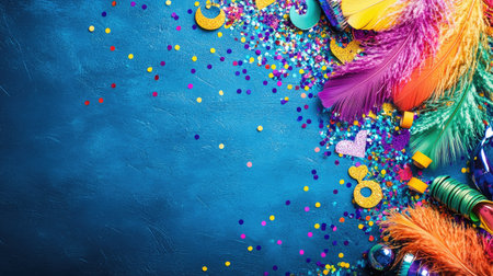 A vibrant arrangement of colorful decorations, confetti, and feathers on a blue surface. Perfect for conveying festive celebrations and joyful events.の素材