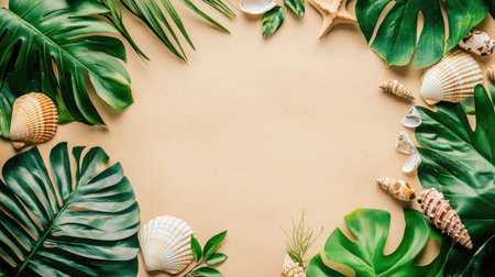 Discover a vibrant coastal tropical background featuring lush green foliage and diverse seashells. Perfect for conveying a relaxed summer vibe.の素材