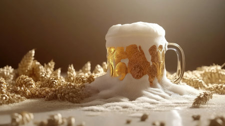 A frothy glass of beer spills over, surrounded by grains and hops, capturing the essence of refreshment. Ideal for showcasing brewing craftsmanship.の素材