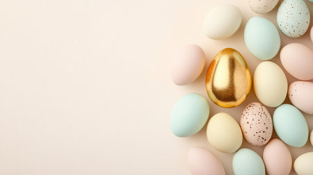 A beautiful collection of colorful Easter eggs, featuring one stunning gold egg at the center. Perfect for spring celebrations and festive decoration.の素材