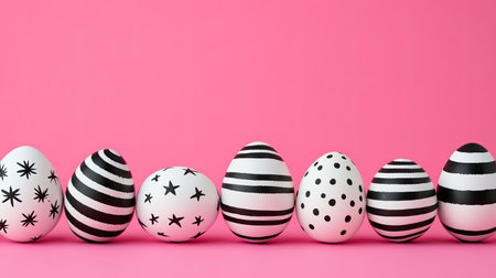 A visually appealing arrangement of decorative black and white Easter eggs on a vivid pink background, showcasing various patterns and designs, perfect for spring celebrations.の素材