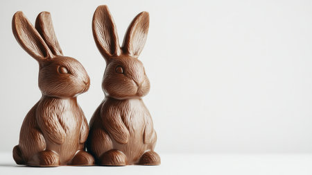Two charming chocolate bunny figurines stand side by side, perfect for enhancing Easter celebrations. Their playful design adds a festive touch to any home setting.の素材