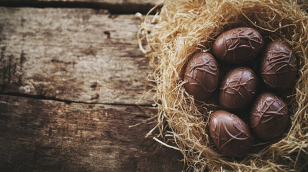 A beautifully arranged nest of chocolate eggs resting on a rustic wooden table, creating a cozy and inviting atmosphere for spring celebrations.の素材