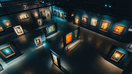 Aerial view of an art gallery showcasing illuminated paintings on the walls, highlighting creativity and cultural expressions in a vibrant design setting.の素材