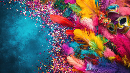 A vibrant array of colorful feathers and glitter creates a festive carnival atmosphere. Perfect for celebrations, parties, and artistic displays.の素材