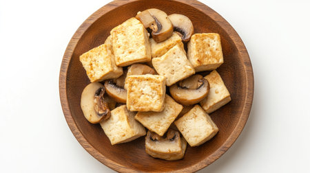 A visually appealing arrangement of fried tofu cubes and sliced mushrooms in a wooden bowl, perfect for showcasing healthy vegetarian options.の素材
