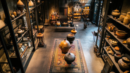 Explore a stunning pottery collection displayed in a museum setting. The unique arrangement showcases historical artifacts, blending artistry with culture.の素材