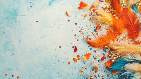 This vibrant image showcases an assortment of colorful feathers and glitter scattered on a soft blue background, perfect for creative projects or festive themes.の素材