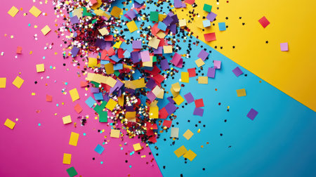 A vibrant scatter of colorful confetti against a geometric background creates a fun and festive atmosphere, perfect for celebrations and events.の素材