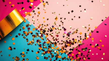 A vibrant arrangement of colorful confetti scattered on a bright background. Ideal for celebration themes, party planning, and festive events.の素材