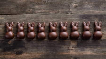 A delightful arrangement of chocolate bunnies on a rustic wooden table, perfect for festive celebrations or holiday treats, adding a charming touch to any occasion.の素材
