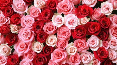 A stunning arrangement of red and pink roses showcasing their vibrant beauty. Perfect for celebrations, decor, or to express love and romance.の素材