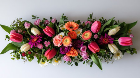 A vibrant display of assorted flowers including tulips, roses, and daisies arranged beautifully on a white background, ideal for events or home decor.の素材