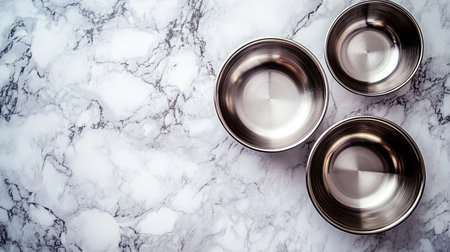 Three elegant stainless steel bowls of varying sizes are arranged on a sleek marble countertop. Ideal for cooking or food presentation, these versatile bowls enhance any kitchen space.の素材