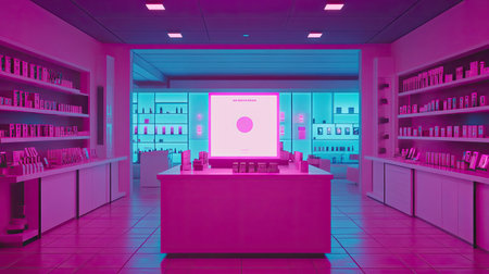 A modern retail store interior featuring vibrant neon lighting and sleek product displays. The minimalist design creates an inviting shopping experience with a focus on beauty products.の素材