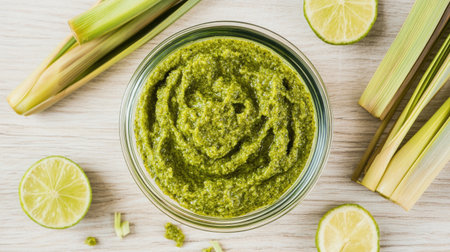 This image showcases a vibrant green lemongrass paste in a jar, with fresh lime slices and stalks around it, highlighting a natural and flavorful culinary ingredient.の素材