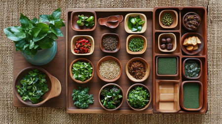Vibrant arrangement of assorted fresh herbs and spices in wooden bowls, accompanied by a green plant. Ideal for kitchen inspiration and culinary creativity.の素材