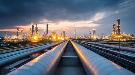 A captivating industrial scene showcasing extensive pipelines leading towards illuminated refineries during twilight. This image symbolizes modern energy production and technology.の素材