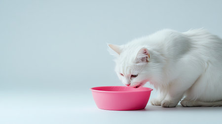 A charming white cat enjoys a refreshing drink from a vibrant pink bowl, showcasing a serene moment in a minimalist setting. Perfect for pet-themed content.の素材
