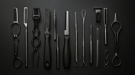 A stunning arrangement of professional hairdressing tools displayed on a dark background. This collection features a variety of essential instruments for hairstyling and grooming.の素材