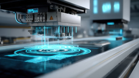 Explore advanced industrial technology showcasing cutting-edge robotics and automation in a sleek and modern manufacturing setting, highlighting innovation and precision.の素材