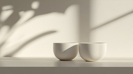Two minimalist white bowls sit gracefully on a light surface, casting gentle shadows that enhance their elegant forms, creating a serene and modern atmosphere.の素材