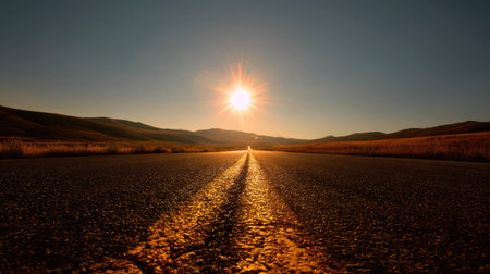A tranquil view of an empty road stretching into the distance, framed by golden fields under the radiant sun and a clear blue sky, perfect for travel inspirations.の素材