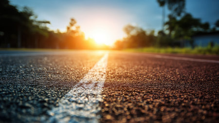 A tranquil scene capturing the warm glow of sunset over a long rural road, bordered by lush greenery, inviting a sense of peace and quiet solitude in nature.の素材