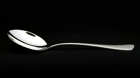 A beautifully polished silver spoon is showcased against a black background, highlighting its smooth surface and elegant design. Ideal for culinary themes.の素材