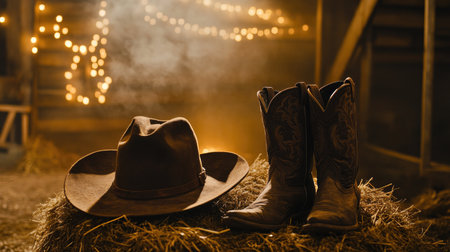 A rustic cowboy hat and leather boots rest on hay bales, creating a warm barn atmosphere. Perfect for themes of country life, tradition, and celebration.の素材