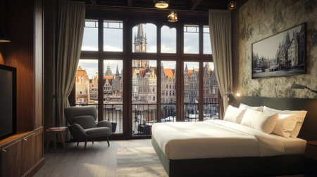 A modern hotel room featuring stylish furniture, a plush bed, and large windows showcasing a breathtaking city view, perfect for relaxation and comfort.の素材