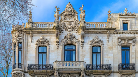 A stunning view of an ornate historic building showcasing intricate architectural details against a bright blue sky, capturing European elegance and heritage.の素材