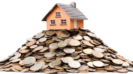 A model house rests atop a hill of coins, symbolizing the relationship between property investment and financial wealth. This image conveys themes of prosperity and investment.の素材