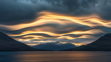 Stunning landscape showcasing a dramatic sunset over mountains, featuring colorful wavy cloud patterns reflecting on serene water, creating a tranquil atmosphere.の素材