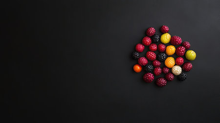 A stunning arrangement of fresh mixed berries on a dark surface, showcasing vibrant colors and textures. Perfect for culinary and health-themed visuals.の素材