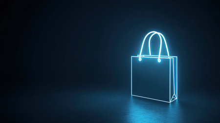 A captivating neon glow shopping bag stands alone in a dark background, representing modern retail aesthetics. The minimalist design features smooth lines, ideal for marketing purposes.の素材