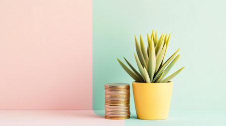 A fresh green plant in a yellow pot alongside stacked coins on a colorful background, symbolizing growth, savings, and financial investment in a minimalistic style.の素材