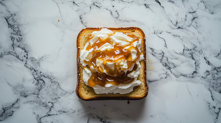 A delectable slice of toast topped with creamy whipped cream and rich caramel sauce, perfect for a sweet breakfast or dessert option.の素材