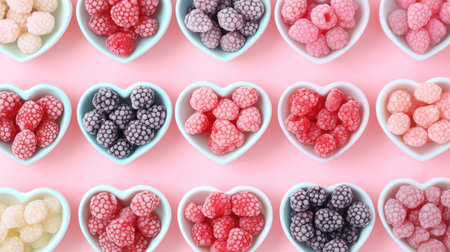 Delight in this vibrant arrangement of heart-shaped bowls filled with colorful raspberries on a pastel pink background. Perfect for food and event themes.の素材