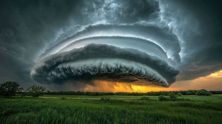 A stunning display of a dramatic storm cloud formation looms over a tranquil green landscape, capturing the raw power of nature while illuminating the scene with soft golden light.の素材