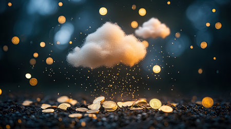 A whimsical scene featuring a fluffy cloud above scattered coins, creating a dreamy atmosphere. Ideal for concepts of wealth, magic, and nature's beauty.の素材